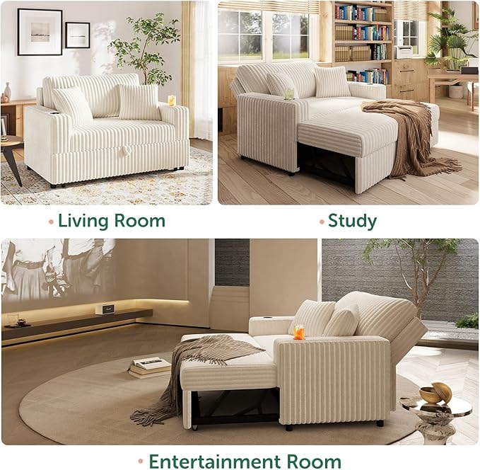 52” 3-in-1 Convertible Pull-Out Sofa Bed Sleeper Loveseat with Built-in Cup Holders Reclining Backrest Pet-Friendly Corduroy Sofa for Small Space - White