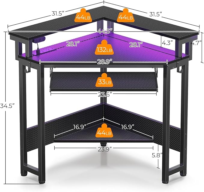 Rolanstar Corner Desk 44.5 W x 34.5 H Carbon Fiber Computer Desk with Power Outlets LED Lights and Keyboard Tray Small Office Computer Desk with Monitor Stand for Small Space Carbon Black