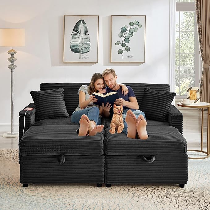 68 Cloud Loveseat with Ottoman Set USB Ports &amp Storage Wooden Side Table Comfy Plush Corduroy Upholstered Love Seat Modern Oversized Deep Seated Grey Sectional for Living Room Black