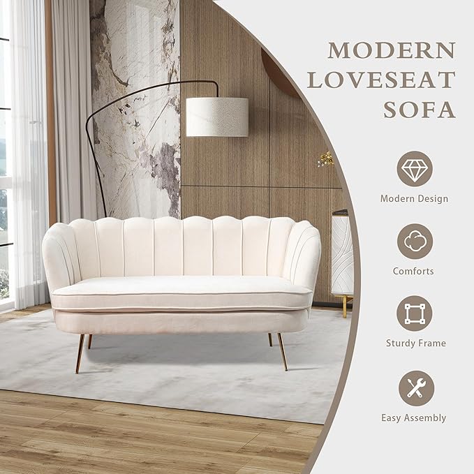 Chifee &amp Vingol Upholstered Small Loveseat for Small Space with Golden LegsBeige