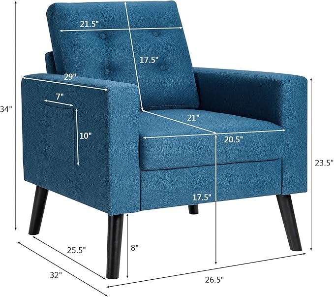 Giantex Modern Accent Chair Mid-Century Upholstered Armchair Club Chair with Rubber Wood Legs Patented Linen Fabric Single Sofa for Living Room Bedroom Office Navy