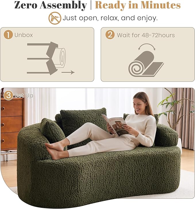 Premium Curved Loveseat Sofa Full-Compression 2-Seat Couch with Enhanced Back Support Modern Fabric Loveseat with Pillows Compact Luxury Sofa for Living Room or Apartment (Green)