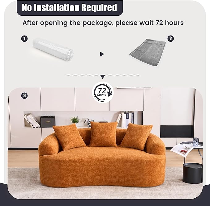 65 Curved LoveseatDeep Seat Cloud Floor Couch with 3 BackrestCozy Chenille FabricSmall Loveseat for Small SpacesBedroomOfficeApartment (Orange 65 Inch)