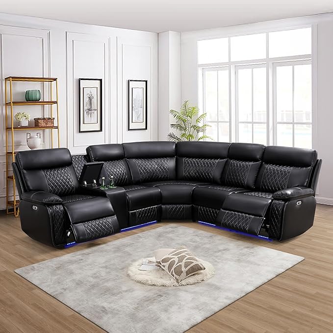 Power Recliner Sectional Couch for Living RoomLeather Reclining Sectional Sofa with LED Lights L Shpaed Corner Leather Couch with Storage Console&ampCup Holders&ampUSB ChargingBlack