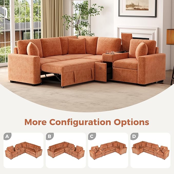 120.5 Chenille Fabric Modular Sectional Sofa Reversible Sleeper with Pull-Out Bed L-Shaped Convertible Sofa Bed with Cup Holders and Ample Storage Space for Living Room (Orange-11.21)