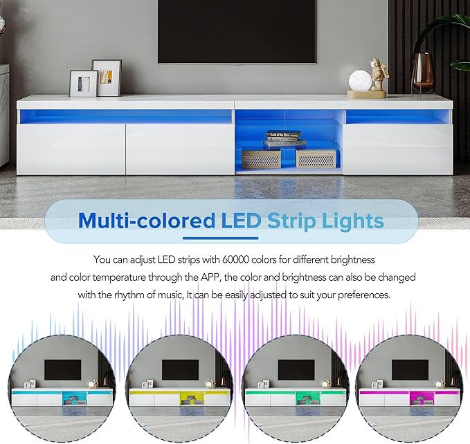 Merax Unique Design TV Stand with 2 Glass Shelves and LED Color Changing Lights Ample Storage Space Media Console for Television Up to 100 Versatile Cabinet for Living Room White