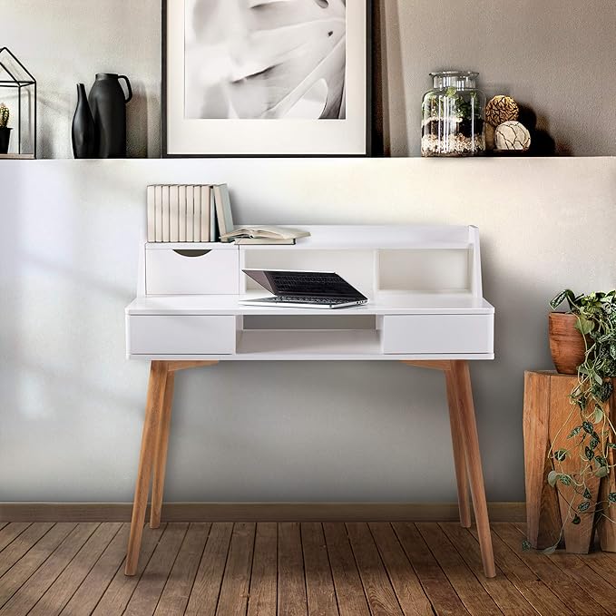 Teamson Home Creativo Writing Study Computer Desk with Solid Wood Legs Storage Drawers and Open Shelves Hutch for Home Office Living Room Reading Bedroom 37 inch Height White