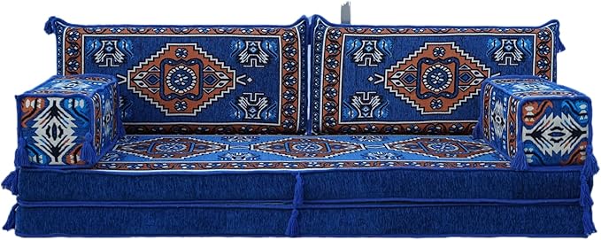 arabicsofa 8 Inch Thick Royal Blue Arabic Floor Cushion – Handmade Modular Majlis Seating with Backrest Pillows