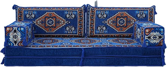 arabicsofa 8 Inch Thick Royal Blue Arabic Floor Cushion – Handmade Modular Majlis Seating with Backrest Pillows