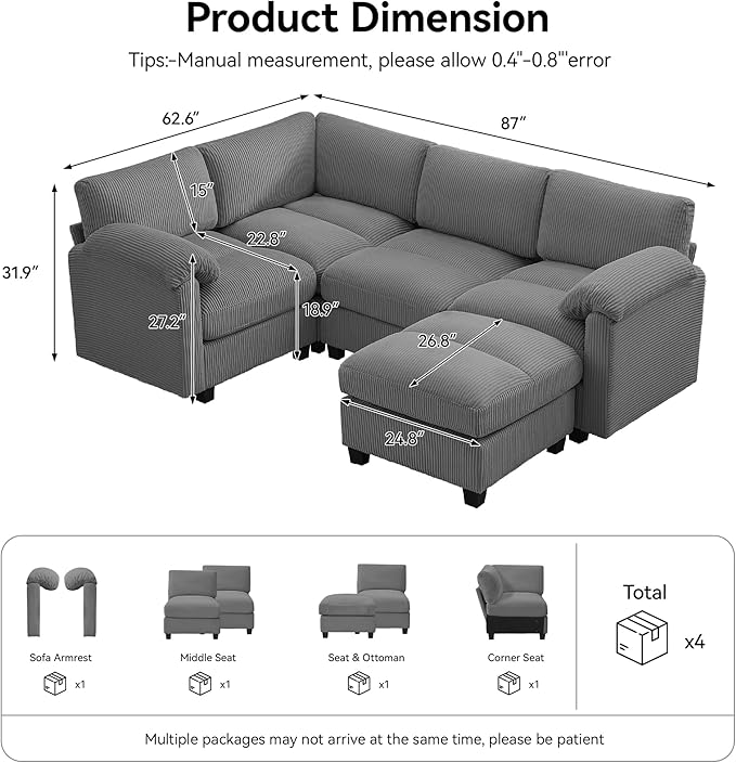 87'' U-Shaped Sectional Sofa with Ottoman 5-Seater Modular Couches for Living Room Corduroy Deep Seat Cloud Sofa with Center Stitched Grey