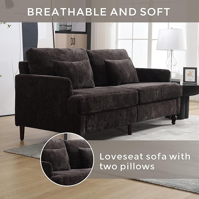 Mid Century Modern Chenille Loveseat Sofa 2-Seat Upholstered Cozy Loveseat Sofa with Pillows for Living Room Comfy Side Reading Lounge Couch for Bedroom Club Office Apartment Black