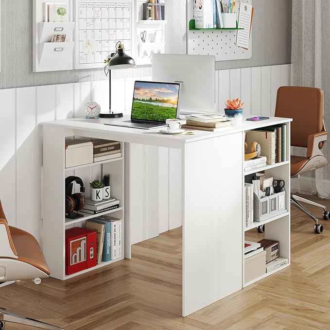 Tangkula Small White Desk with 3-Tier Bookshelf Modern Simple Home Office Desk for Small Space Wooden Writing Desk for Study Living Room &amp Bedroom Compact Laptop PC Workstation (White)