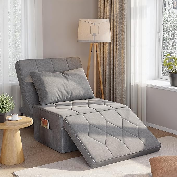 Convertible Sofa Bed with 5-Level Adjustable Backrest 70 D x 34 W 4-in-1 Folding Ottoman Sleeper Chair Bed Modern Single Futon Couch for Living Room Apartment Dorm Small Space Light Grey