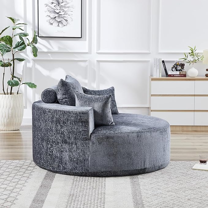 Oversized Round Chaise Lounge Chair Indoor 55W Circle Comfy Armchair with Deep Seat Floor Cloud Boneless Chair Upholstered Modern Cozy Sofa Chairs for Living Room Bedroom(Chenille Grey)