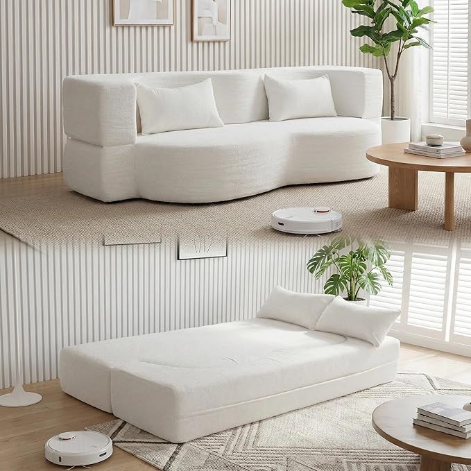 78.35 Loveseat Sofa Bed Modern 2-in-1 Convertible Curved Floor Love Seat Couch Teddy Fabric Memory Foam Cloud Couch with 2 Pillows No Assembly for Living Room Apartment Small Space