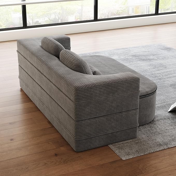 Antetek Convertible Sleeper Sofa Modern Folding Futon Corduroy Floor Foam Compression Loveseat Sofa Bed Couch Foldable Full Size Guest Bed with 4 Pillows for Living Room Bedroom Apartment Grey