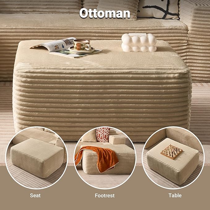 37 Plush Corduroy Ottoman Upholstered Cloud Ottoman for Boneless Couch in A Box Compressed Memory Foam Footrest No Assembly Require Beige