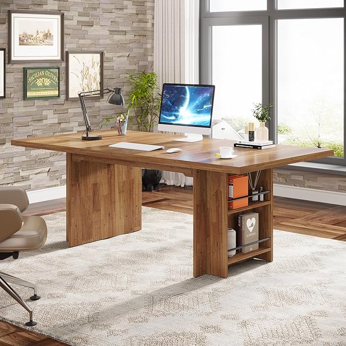 Tribesigns 62.99-Inch Computer Desk Modern Executive Office Desk with Storage Shelves Large Long Writing Table for Office Study Room Light Brown