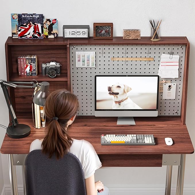 JOMEED Computer Desk with Hutch &amp DIY Pegboard Board 47 Inch Modern Home Office Study Writing Desk with Bookshelf &amp 2 Drawers Workspace for Work and Study Walnut