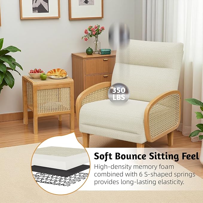 Rattan Accent Chair Arm Chair with High Resilience Cushion Armchair with Sturdy Ash Wood for Living Room Beige