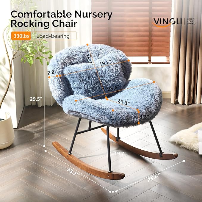 VINGLI 25.6 Extra Wide Nursery 115° Armless Rocking Chair Curved Cute Cross-Legged Glider Chair with Pillow &amp Solid Wood Nursing Chair for Bedroom Living Room Fluffy Fleece Ocean Blue