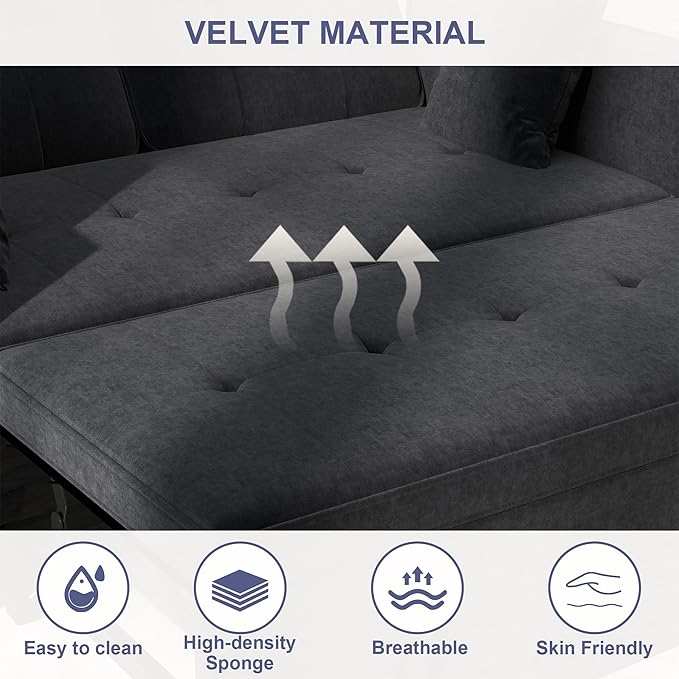 Loveseat Sleeper Sofa Bed Couch: Queen Sleeper Chair Pull Out Bed for Living Room Black Velvet Couch Beds for Small Spaces 3 in 1 Convertible Sofa with Armrests