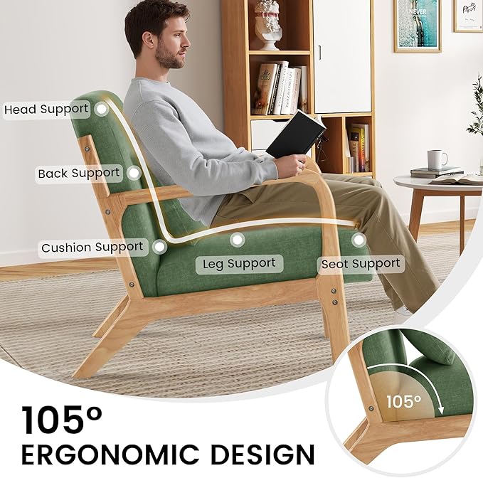 Mid Century Modern Accent Chair Set of 2 Upholstered Chair for Living Room Accent Chair with Lumbar Pillow Solid Wood Frame Reading Chair Armchair for Bedroom Small Spaces Green