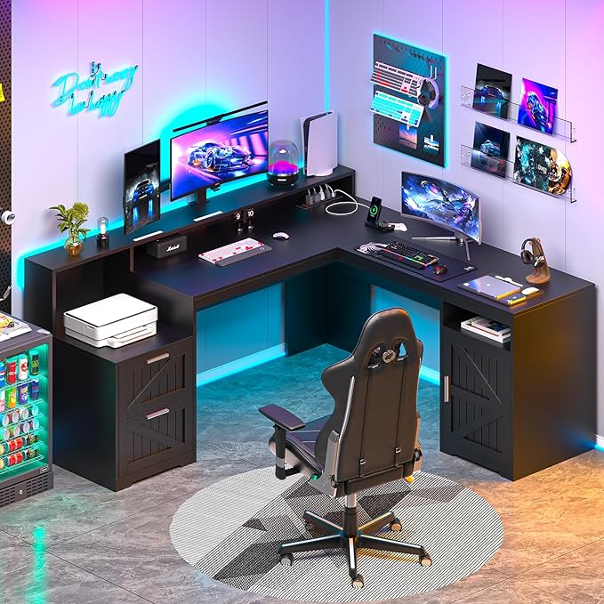 63 Farmhouse L Shaped Desk with Drawers &amp Storage Shelf Corner Computer Desk with Power Outlets for Home Office Executive Desk with Monitor Stand Printer Shelf Black