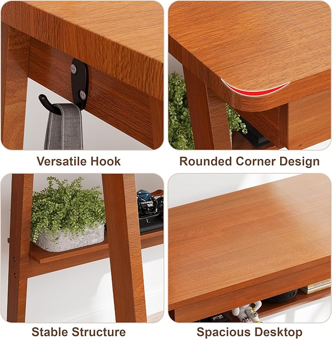Solid Wood Desk with Drawers - 31.5 Inch Mid Century Modern Desks with Storage Shelf Small Writing Desk for Small Spaces Home Office Desks for Bedroom &amp Home Walnut Color