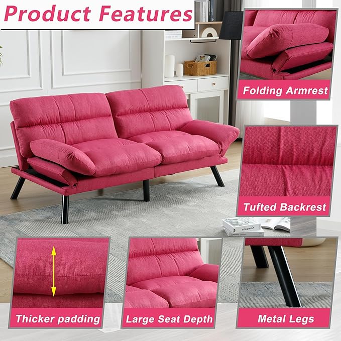 Anwick Modern Futon Couch Bed Sofa: Linen Fabric Quick Folding Armrest Space-Saving Convertible 2 Seater Loveseat for Living Room Bedroom Small Rooms Apartment (Pink) (Hot Pink)
