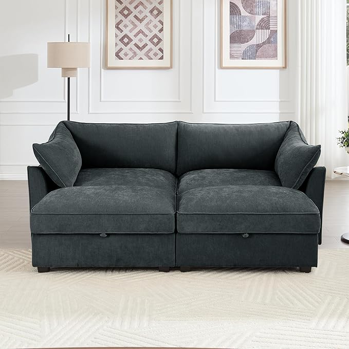 Modular Sectional Sofa with Pull Out Storage Drawers 78.7 Comfy Chenille 2-Seat Sofa with 2 Storage Ottomans Upholstered Deep Loveseat Couch with 2 Armrest Pillows for Living Room Grey