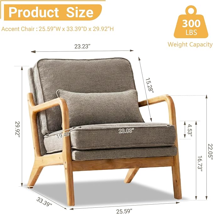 Modern Accent Chair Mid Century Wooden Upholstered Armchair with Lumbar Pillow &amp Removable Soft Cushion Reading Chair for Living Room Bedroom BalconyCoffee(Beige/Blue/Green/Grey)