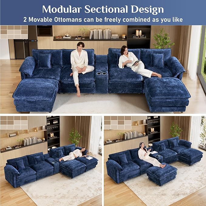 152 Oversized Modular Sectional Sofa U Shaped Cloud Couch Modern 6 Seat Sofa Set for Living Room Comfy Chenille Couch with Storage Central Console Movable Ottomans Cup Holders USB Ports Blue