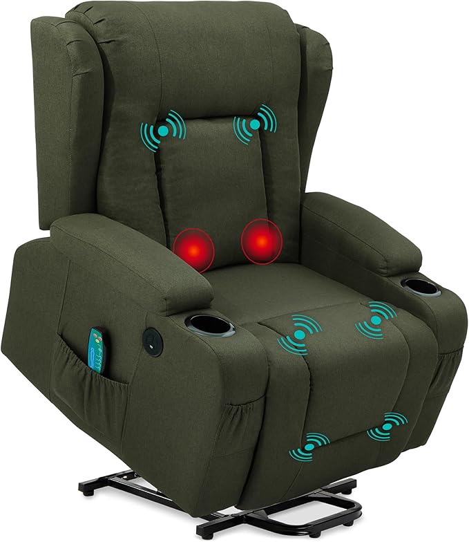 Best Choice Products Modern Linen Electric Power Lift Chair Recliner Massage Chair Adjustable Furniture for Back Legs w/ 3 Positions USB Port Heat Cupholders Easy-to-Reach Button - Olive