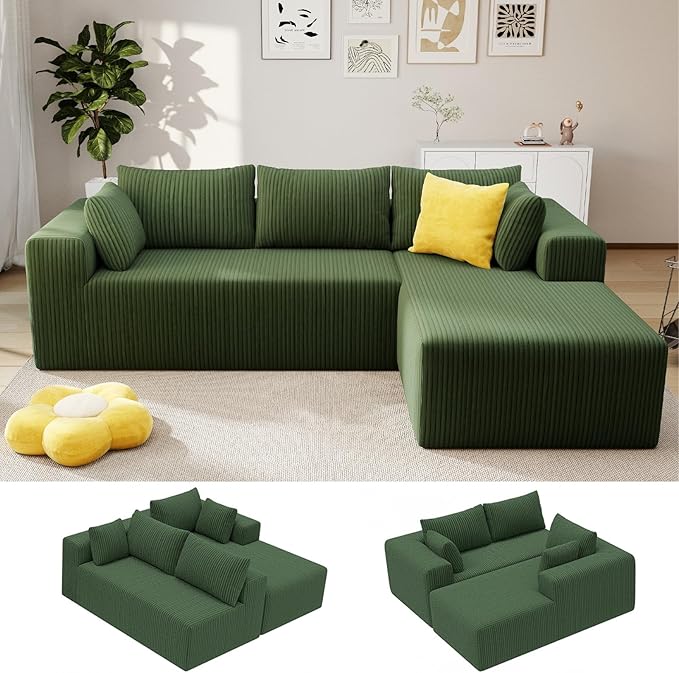 Boneless Couch with L-Shape Chaise 105 Couches for Living Room Corduroy Boneless Sofa w/27.56 Deep Seat Sectional Comfy Couch No Assembly Sofa Apartment/Bdrm Friendly Green