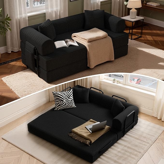 Convertible Corduroy Sleeper Sofa Bed with Cylindrical Pillow Folding Mattress Couch with Fixed-Shape Frame Floor Sofa Lounge Couch for Living Room Bedroom Lounge Studio Black