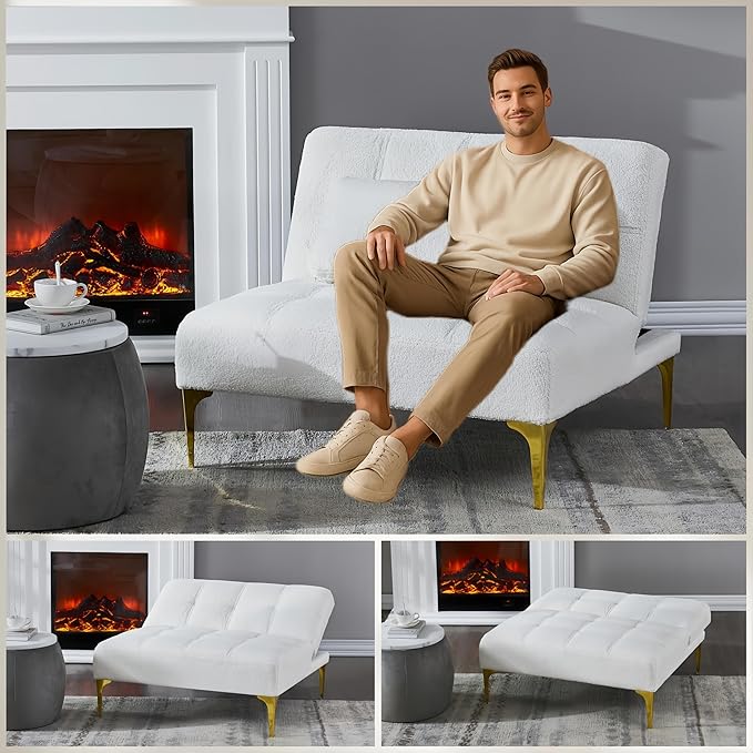 35.5 Modern Convertible Futon Sofa with Adjustable Backrest Teddy Upholstered Chaise Lounge with Tufted Design Comfy Couch Bed with Gold Metal Legs for Living Room Bedroom Apartment White Teddy