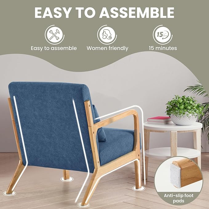 Mid Century Modern Accent Chair with Lumbar Pillow Upholstered Chair for Living Room Accent Chair with Solid Wood Frame Reading Chair Armchair for Bedroom Small Spaces Blue
