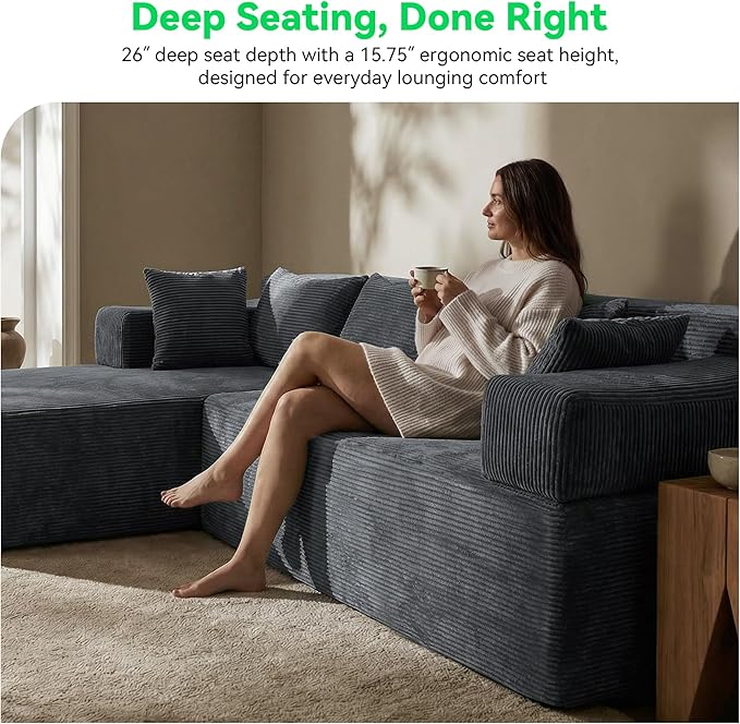 141 U Shaped Cloud Sectional Couch with Chaise Lounge Modular Sectional Sofa with Removable Armrests Comfy Corduroy Boneless Couches for Living Room No Assembly Required Dark Grey