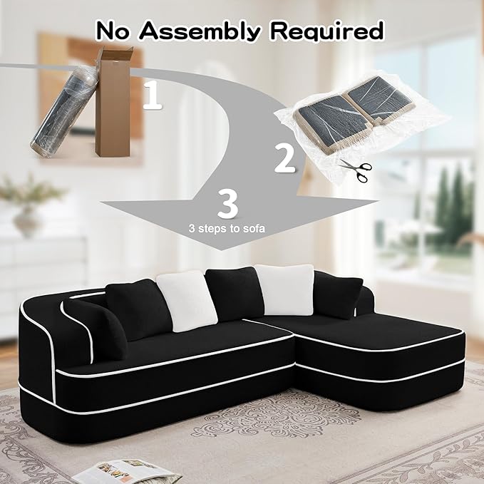 Ball &amp Cast 106 Cloud Sectional Couch with L-Shape ChaiseTeddy Fabric Boneless Modular Sofa with Deep Seat32D High Density SpongeUpholstered Couch for Living RoomNo Assembly RequiredBlack(Ri