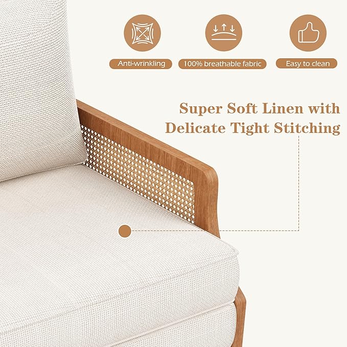 Loveseat Sofa Couches with Rattan Arms and Pillows for Living Dining Room Bedroom Office Entryway Small Spaces Ivory
