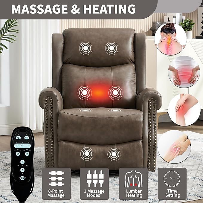 360° Swivel Glider Chair for Nursery Wingback Genuine Leather Rocking Recliner with Lumbar Heat &amp Massage 8-Point Vibration Massage for Living Room Bedroom