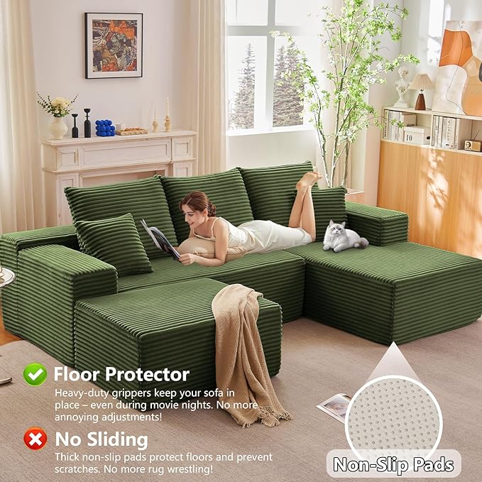 107 Modular Sectional Sofa with Ottoman Modern Corduroy Cloud Couch with Deep Seat Boneless Couch Upholstered 3-Seater U-Shaped Sofa for Living Room No Assembly (Green Right-Facing Chaise)