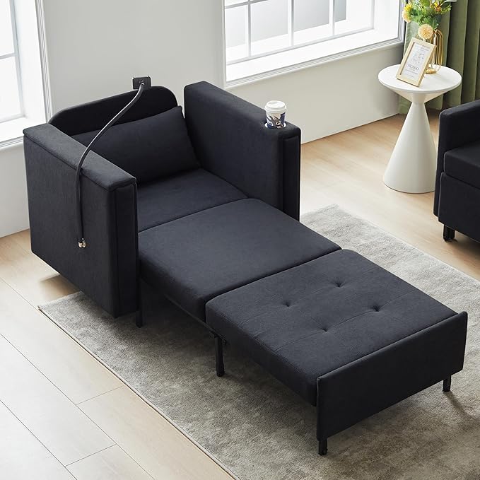 ORRD Pull Out Sofa Chair Bed 2-in-1 Multi-Functional Sleeper Couch Small Loveseat Bed with Hidden Side Table Phone Holder and Cup Holder for Living Room Small Space Apartment (Black)