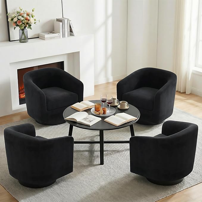 Swivel Barrel Accent Chair Modern Round Chenille Fabric Arm Chair for Living Room Bedroom Comfy Club Reading Chairs for Adults（Velvet Black Set of 2