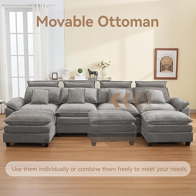 134'' Cloud Modern 4 Seater Couch with Detachable Headrest Modular Sectional Sofa with 2 Ottoman Oversized U Shape Chenille Comfy Sofa with Armrests for Living Room Light Grey