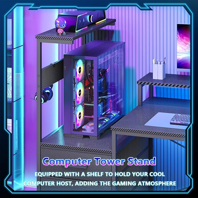 L Shaped Gaming Desk with Drawers &amp Storage Shelves Corner Gaming Desk with Power Outlets &amp LED Light Reversible Computer Desk with Monitor Stand &amp Hooks Carbon Fiber Black