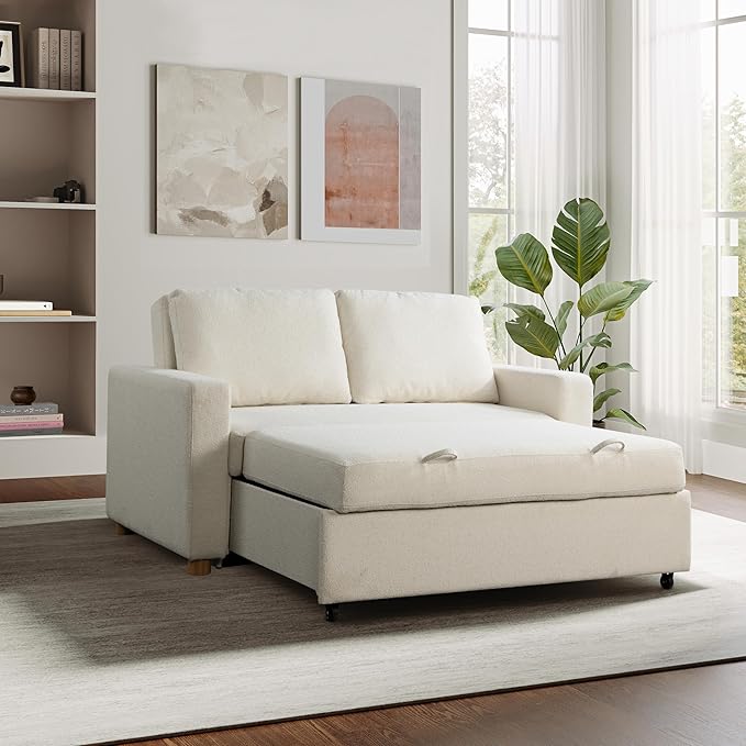 Serta Tulsa 66.1 Convertible Sleeper Loveseat Full Size Dreamcoil Comfort FingerGuard Pinch Point Protection Boucle Fabric Ivory