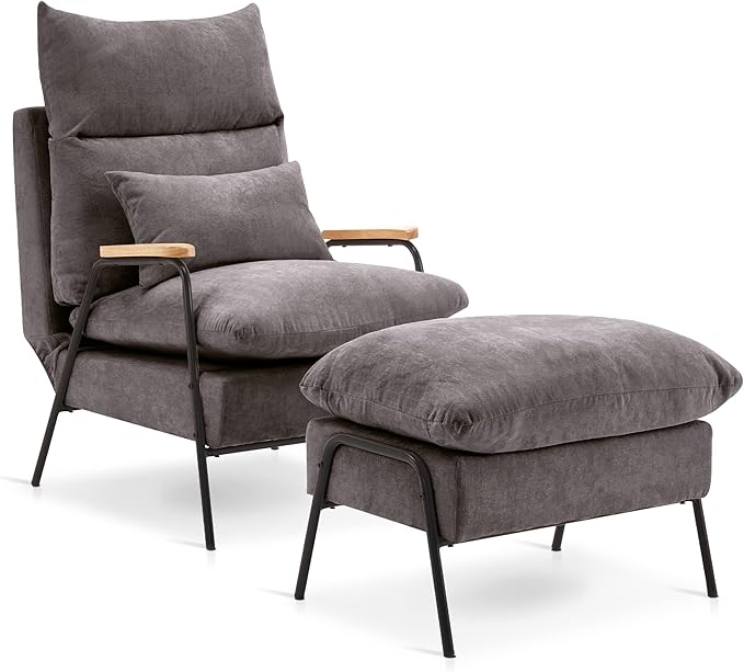 MCombo Accent Recliner Chair with Ottoman Modern Fabric Armchair Upholstered Sofa Bed for Living Room Bedroom Small Space 4055 (Black Frame Grey)