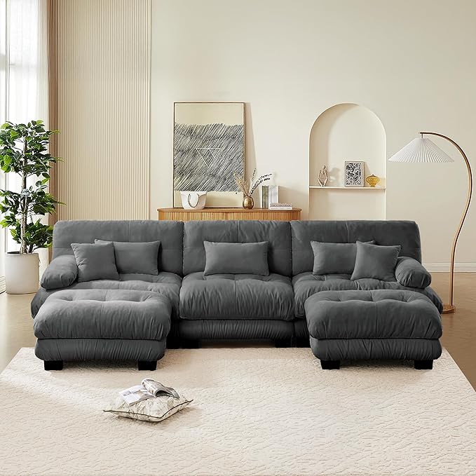 Oversized Cloud Couch Fluffy Sectional Couch for Living Room L Shaped Sofa with Movable Ottoman Chenille Grey